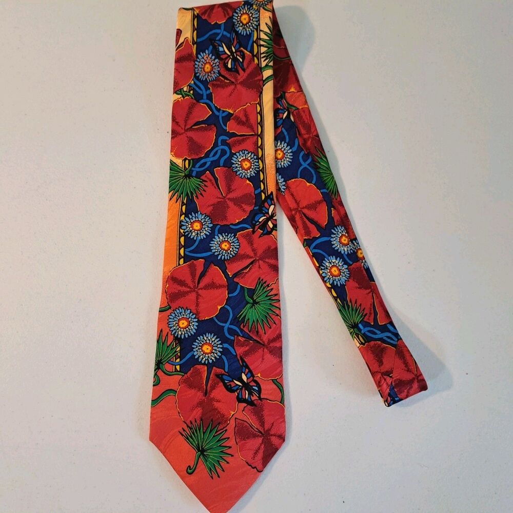 Vintage Rush Limbaugh No Boundaries Necktie Silk Red Blue Lily Pads Preppy USA